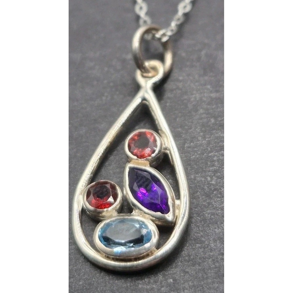 EUC 18'' Sterling Silver Multi Gemstone Topaz Garnet Pendant Necklace K1